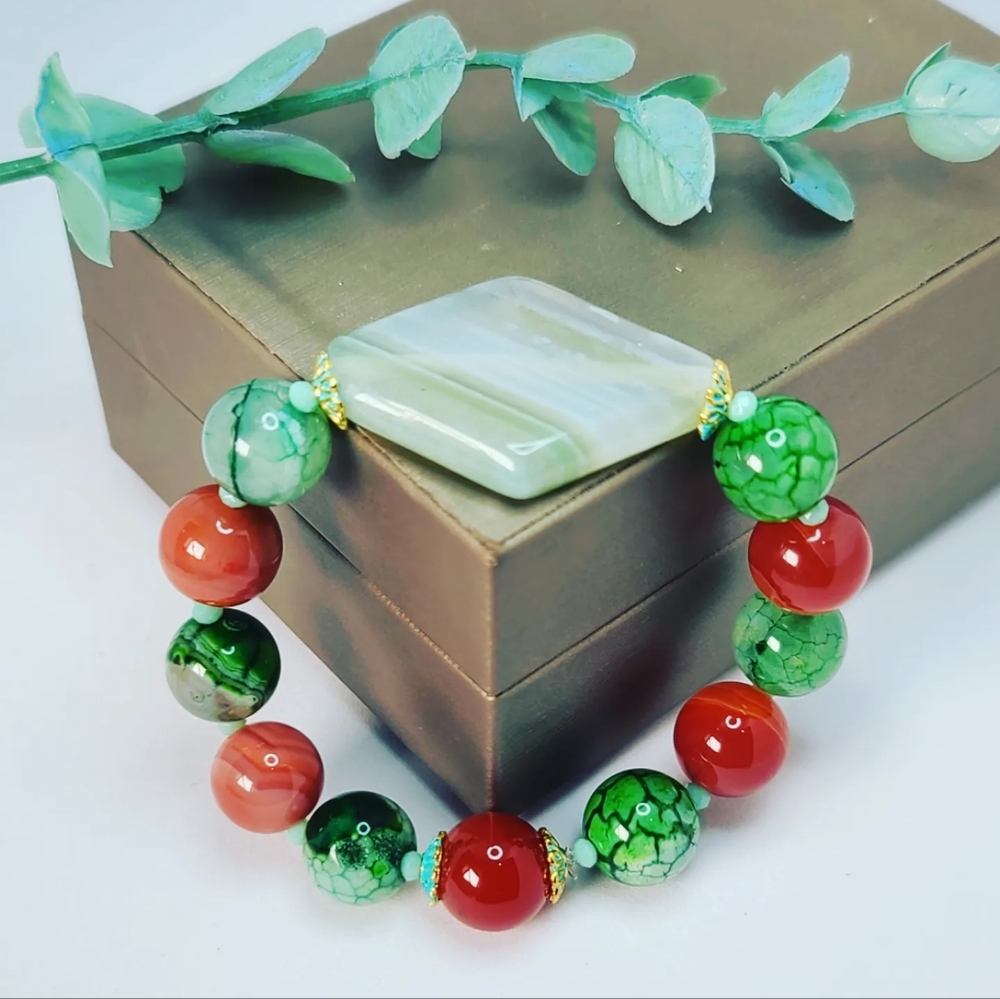 Green and Red Agate bracelet 10 mm, 12 mm
